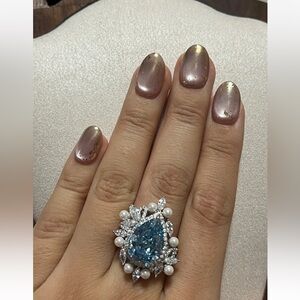 8ct Blue Pear Cut High Carbon Diamond Ring S925 Pearl Halo Vintage 10×14mm